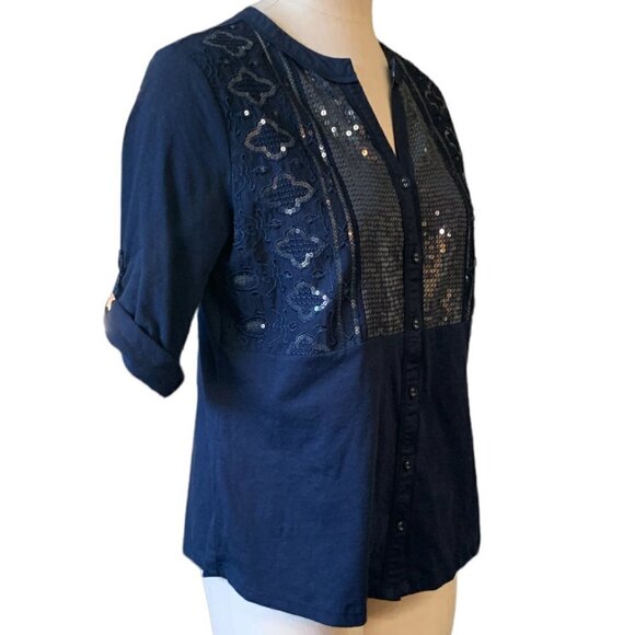 Style & Co Navy Blue Button Split Neck Sequin & Embroidery Top PM Blue #61P - Picture 4 of 8